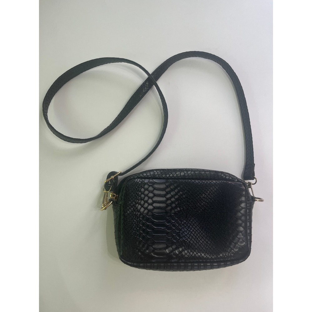 Black Snakeskin Embossed Faux Leather Crossbody Bag Gold Hardware Camera Style